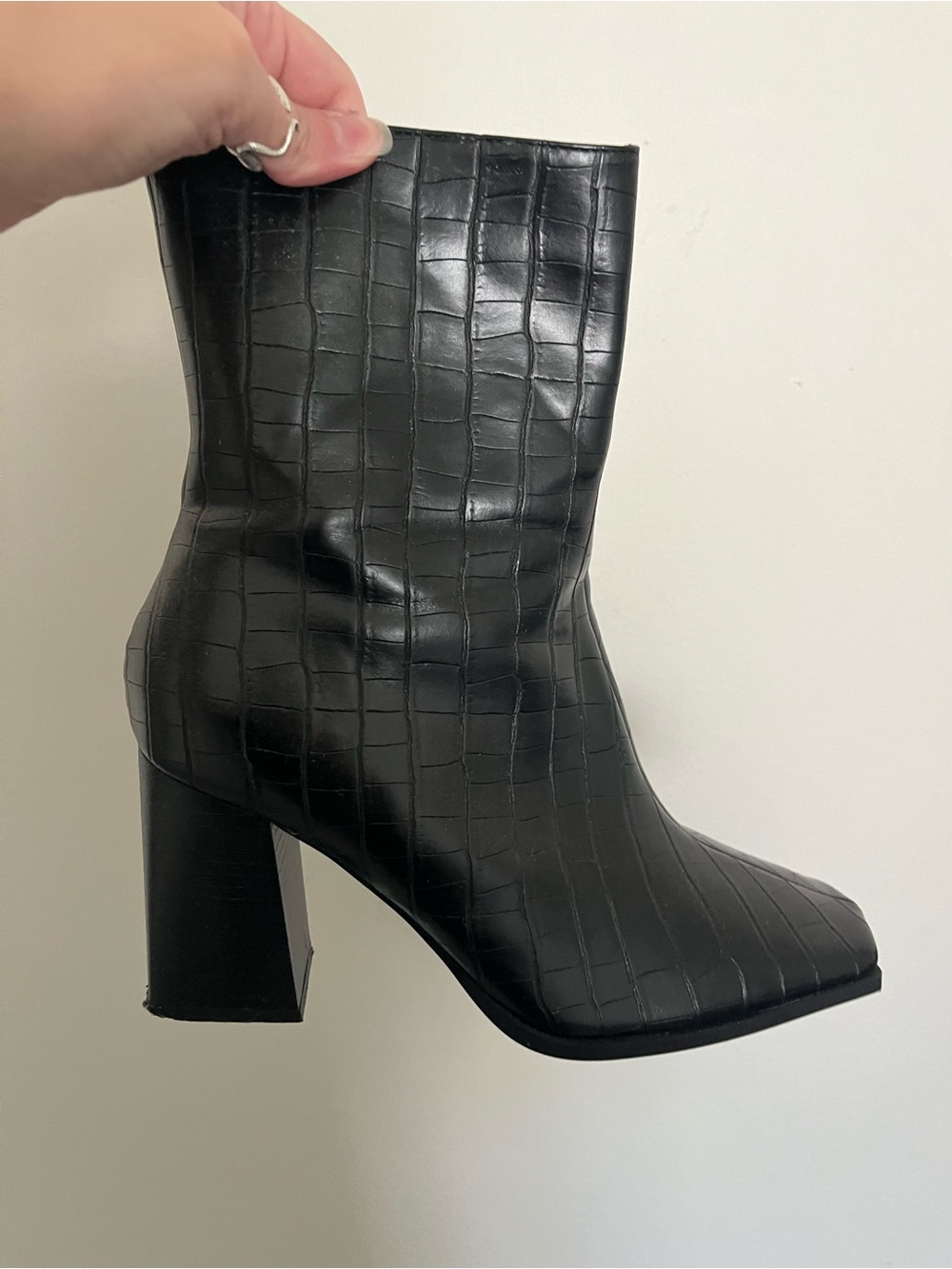 Black Croc-Embossed Block Heel Ankle Boots - Women